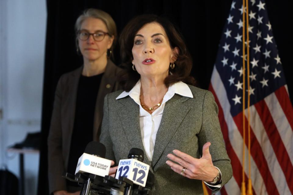 Gov. Kathy Hochul answers questions after speaking at a Business Council of Westchester event in Rye Brook March 15, 2023.