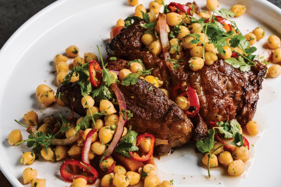 <h1 class="title">Pot Roast with Charred Onion & Chickpea Salad</h1><cite class="credit">Photo by Andrew Thomas Lee</cite>