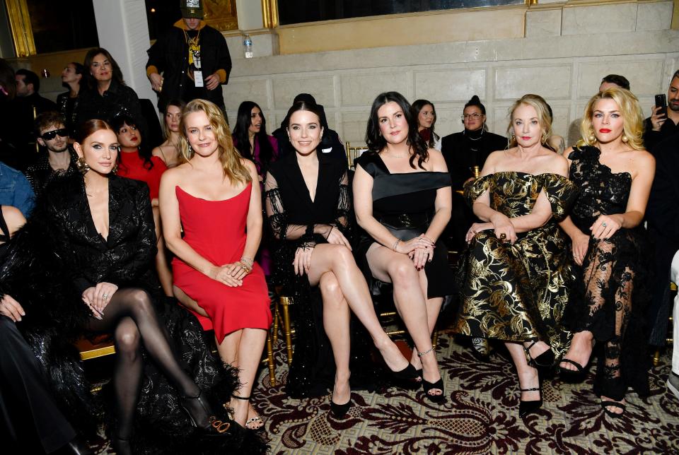 Ashlee Simpson, left, Alicia Silverstone, Sophia Bush, Melanie Lynskey, J. Smith-Cameron and Busy Philipps attend the Christian Siriano Fall/Winter 2024 Fashion Show at The Plaza Hotel on Feb. 8, 2024 in New York City.