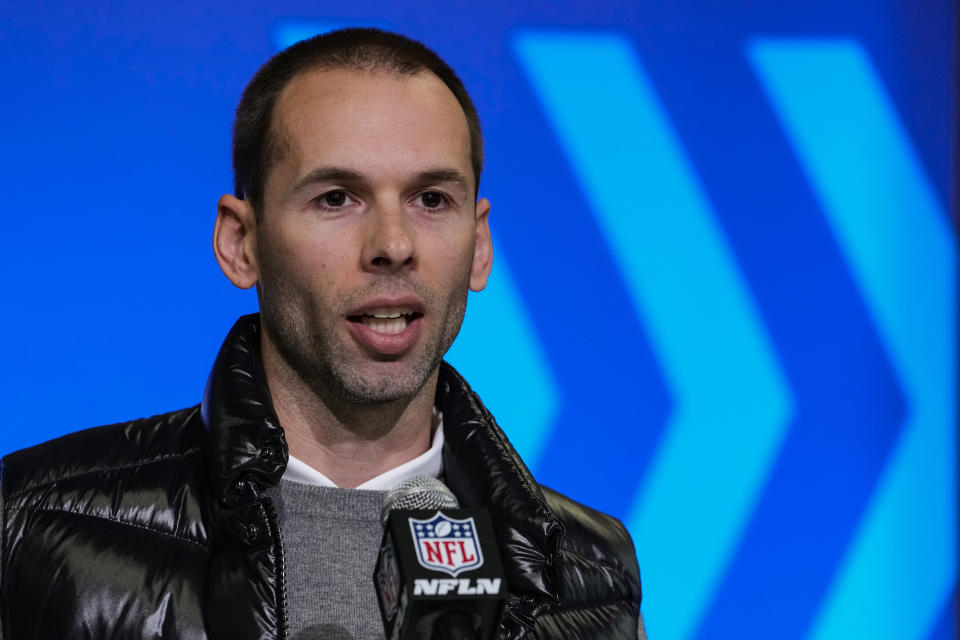 Arizona Cardinals head coach Jonathan Gannon speaks during a press conference at the NFL football scouting combine in Indianapolis, Tuesday, Feb. 28, 2023. (AP Photo/Michael Conroy)