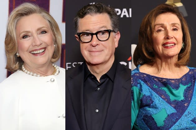 Stephen Colbert will host Hillary Clinton, Nancy Pelosi and others this week for his live shows tied to the Democratic National Convention.  - Credit: Bruce Glikas/WireImage; Kevin Winter/Getty Images; Amy Sussman/Getty Images