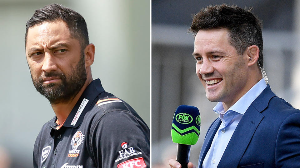 Pictured right is NRL legend Cooper Cronk and Wests Tigers assistant coach Benji Marshall on the left.