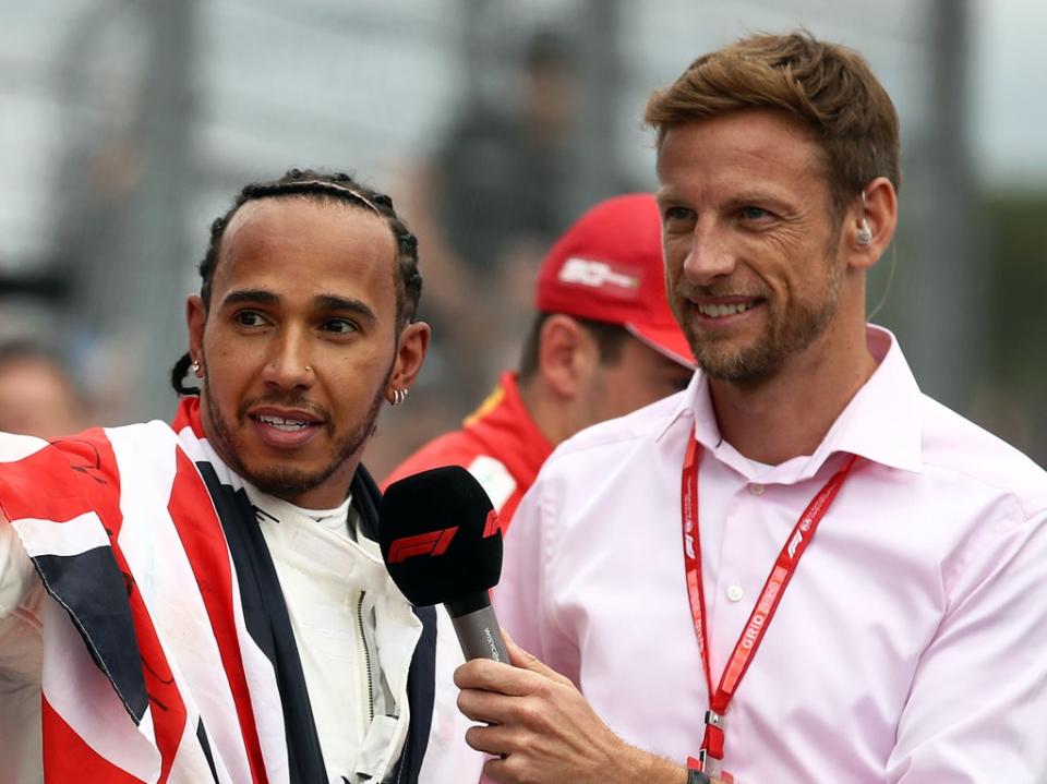 Lewis Hamilton and Jenson Button in parc ferme at Silverstone (Getty)