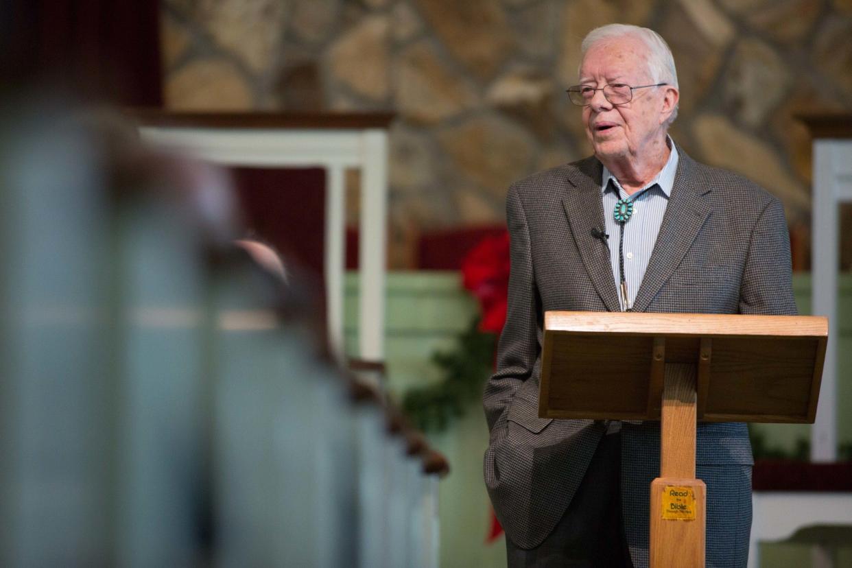 Former President Jimmy Carter teaches his regular Sunday School class at Maranatha Baptist Church on Dec. 13, 2015, in his hometown of Plains, Ga.