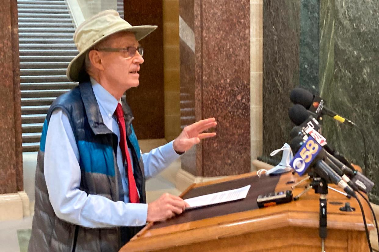 Wisconsin Secretary of State Doug La Follette announces on March 17 that he will seek reelection in November during a news conference at the Capitol in Madison.