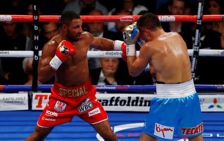 Britain Boxing - Gennady Golovkin v Kell Brook WBC, IBF & IBO World Middleweight Titles - The O2 Arena, London - 10/9/16 Gennady Golovkin in action with Kell Brook Action Images via Reuters / Peter Cziborra Livepic