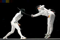 LONDON, ENGLAND - JULY 30: Britta Heidemann (R) of Germany competes against Yana Shemyakina (L) of Ukraine during the Gold medal bout in the Women's Epee Individual Fencing Finals on Day 3 of the London 2012 Olympic Games at ExCeL on July 30, 2012 in London, England. (Photo by Ezra Shaw/Getty Images)