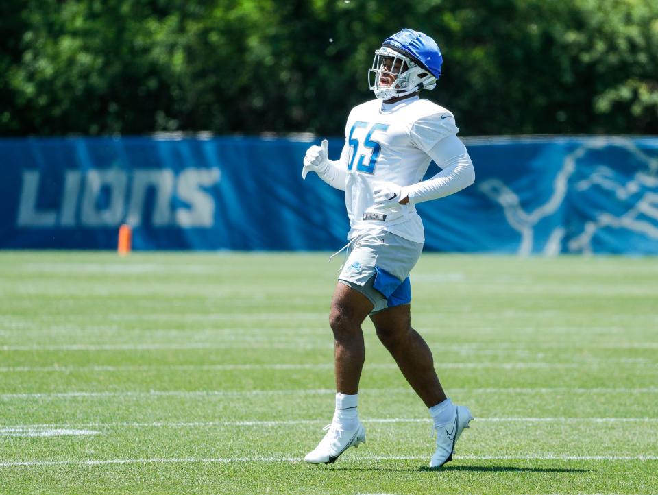 Detroit Lions linebacker Derrick Barnes (55) during organized team activities at Lions headquarters in Allen Park, Thursday, May 27, 2021.