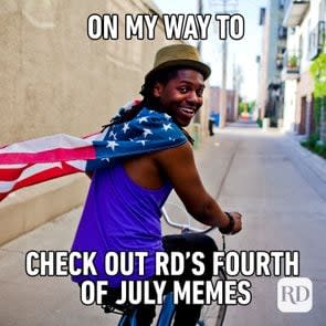 Man wearing American flag and riding bike with meme text: 