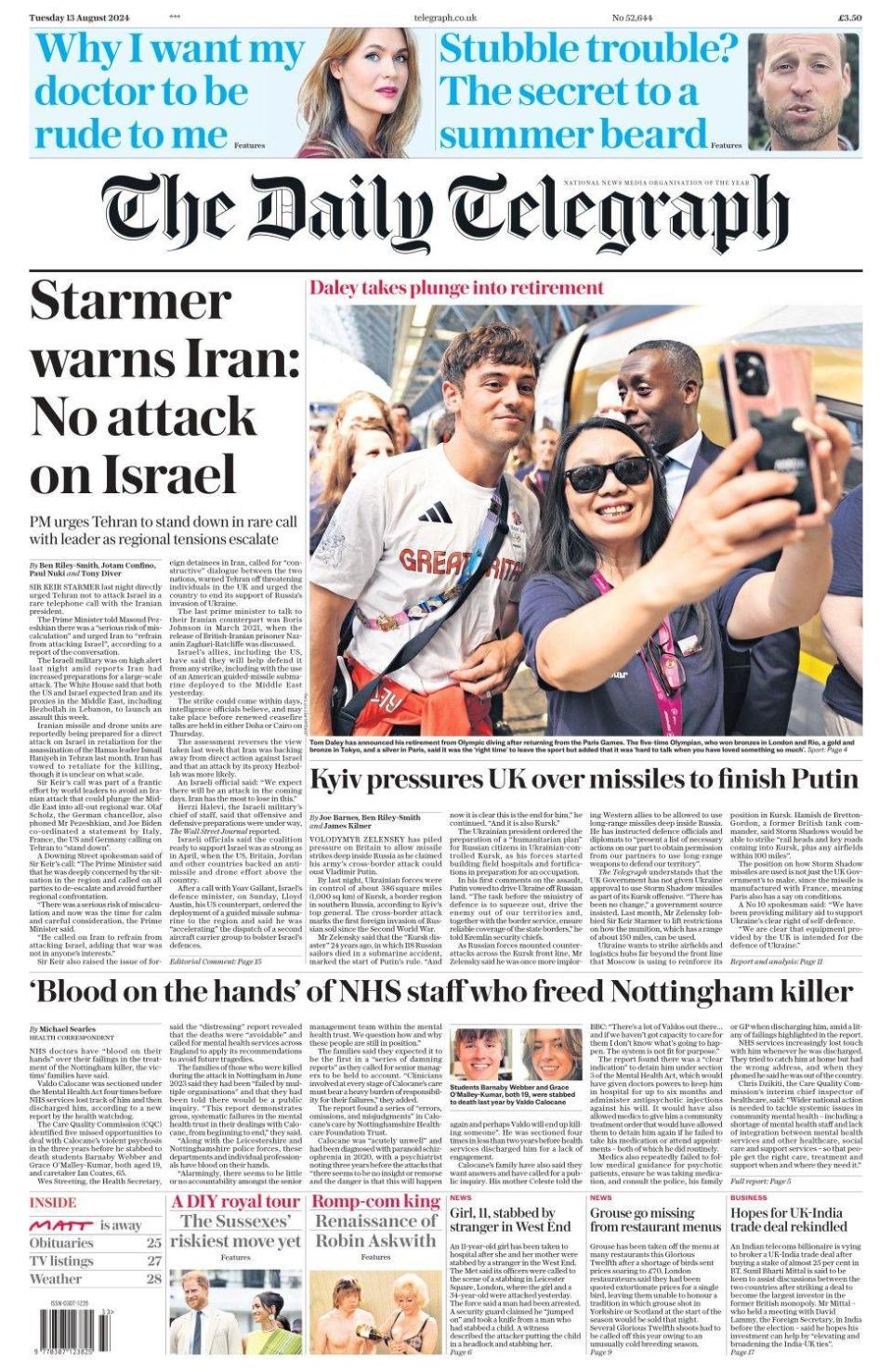 The headline in the Daily Telegraph reads: Starmer warns Iran: No attack on Israel