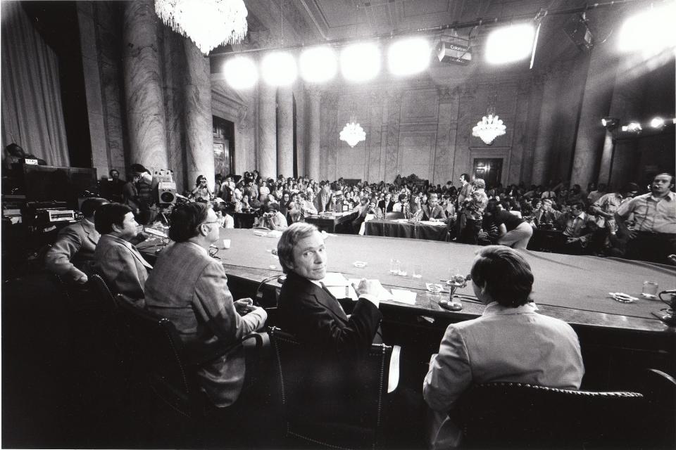 Dick Cavett taping his show on Aug. 1, 1973, from the Senate Watergate Committee hearing room.