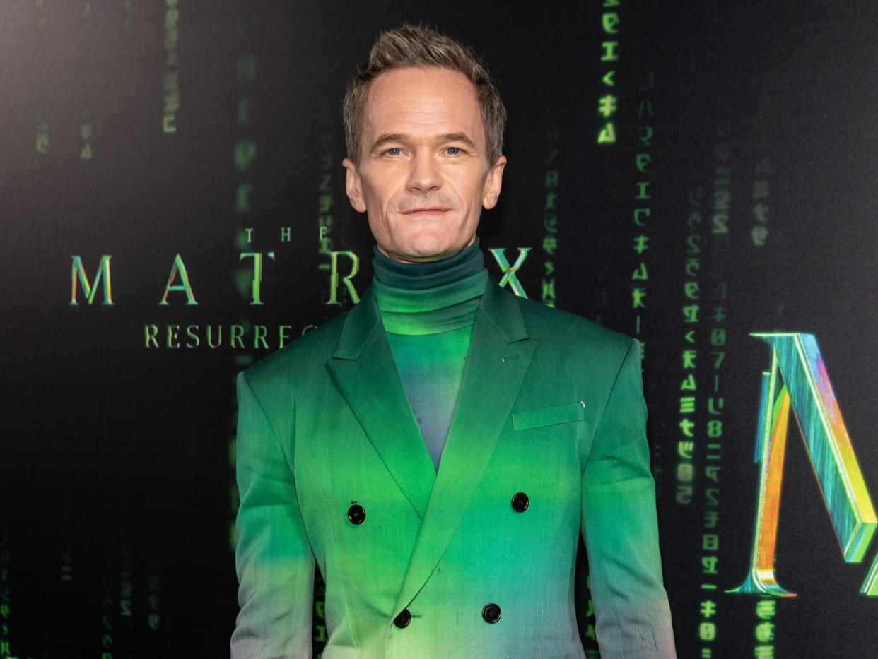 Neil Patrck Harris wore a green, mauve, and blue ombre suit to the "Matrix Ressurecctions" U.S. premiere.