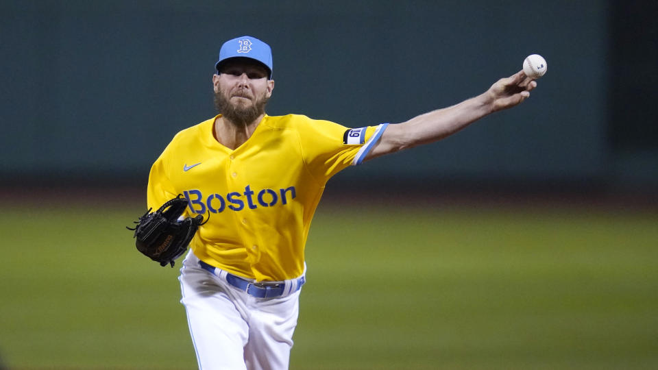 Boston Red Sox starting pitcher Chris Sale delivers during the first inning of a baseball game at Fenway Park, Wednesday, Sept. 22, 2021, in Boston. (AP Photo/Charles Krupa)