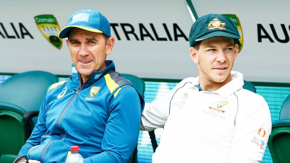 Coach Justin Langer (pictured left) sits next to Australian captain Tim Paine (pictured right).