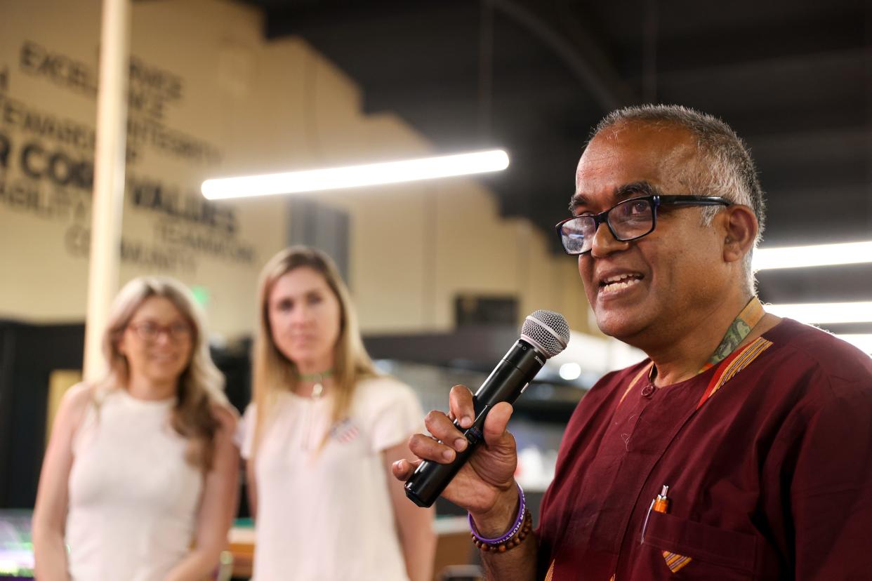 Incumbent Satya Chandragiri, Salem-Keizer School Board Zone 4, speaks during an election night watch party for school board candidates at The REC.