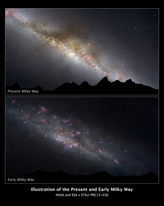 What a difference 11 billion years makes, as can be seen in these two comparative views of our Milky Way galaxy. The top view shows how our galaxy looks today; the bottom view, how it appeared in the remote past. This photo illustration is base