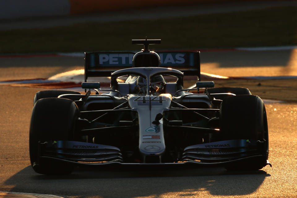 Mercedes driver Lewis Hamilton of Britain steers his car, during a Formula One pre-season testing session at the Barcelona Catalunya racetrack in Montmelo, outside Barcelona, Spain, Wednesday, Feb.20, 2019. (AP Photo/Joan Monfort)