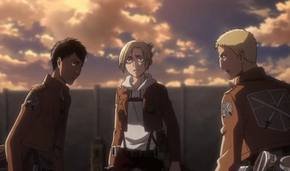 Bertholdt Annie and Reiner looking back at Marco being eaten