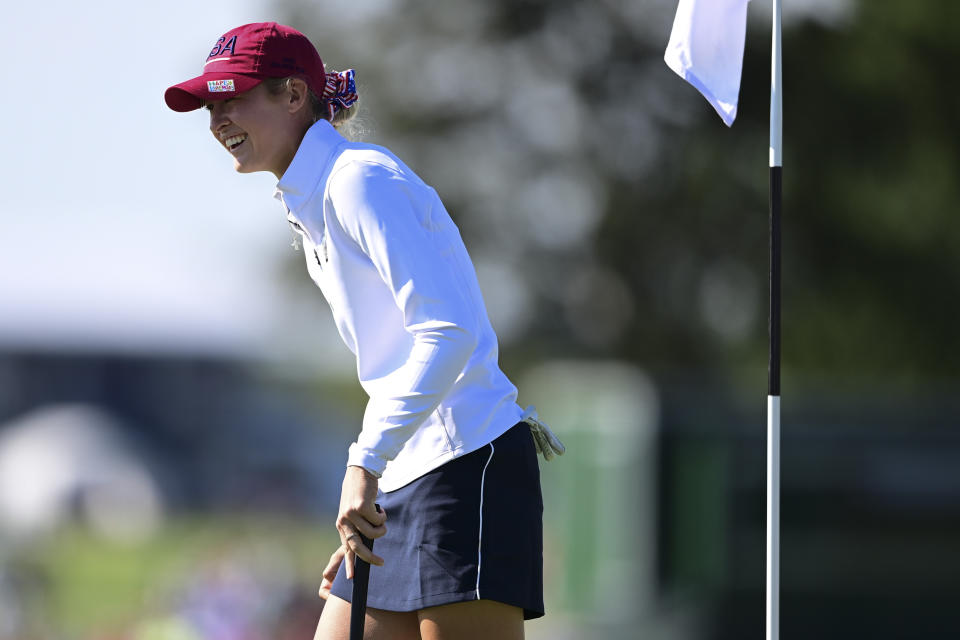 United States' Nelly Korda celebrates after a putt on the 13th hole during the foursome matches at the Solheim Cup golf tournament, Sunday, Sept. 5, 2021, in Toledo, Ohio. (AP Photo/David Dermer).