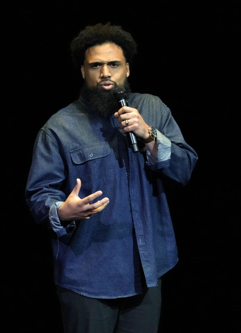 Steven Caple Jr., director of the upcoming film "Transformers: Rise of the Beasts," discusses the film during the Paramount Pictures presentation at CinemaCon 2023, the official convention of the National Association of Theatre Owners (NATO) at Caesars Palace, Thursday, April 27, 2023, in Las Vegas. (AP Photo/Chris Pizzello)