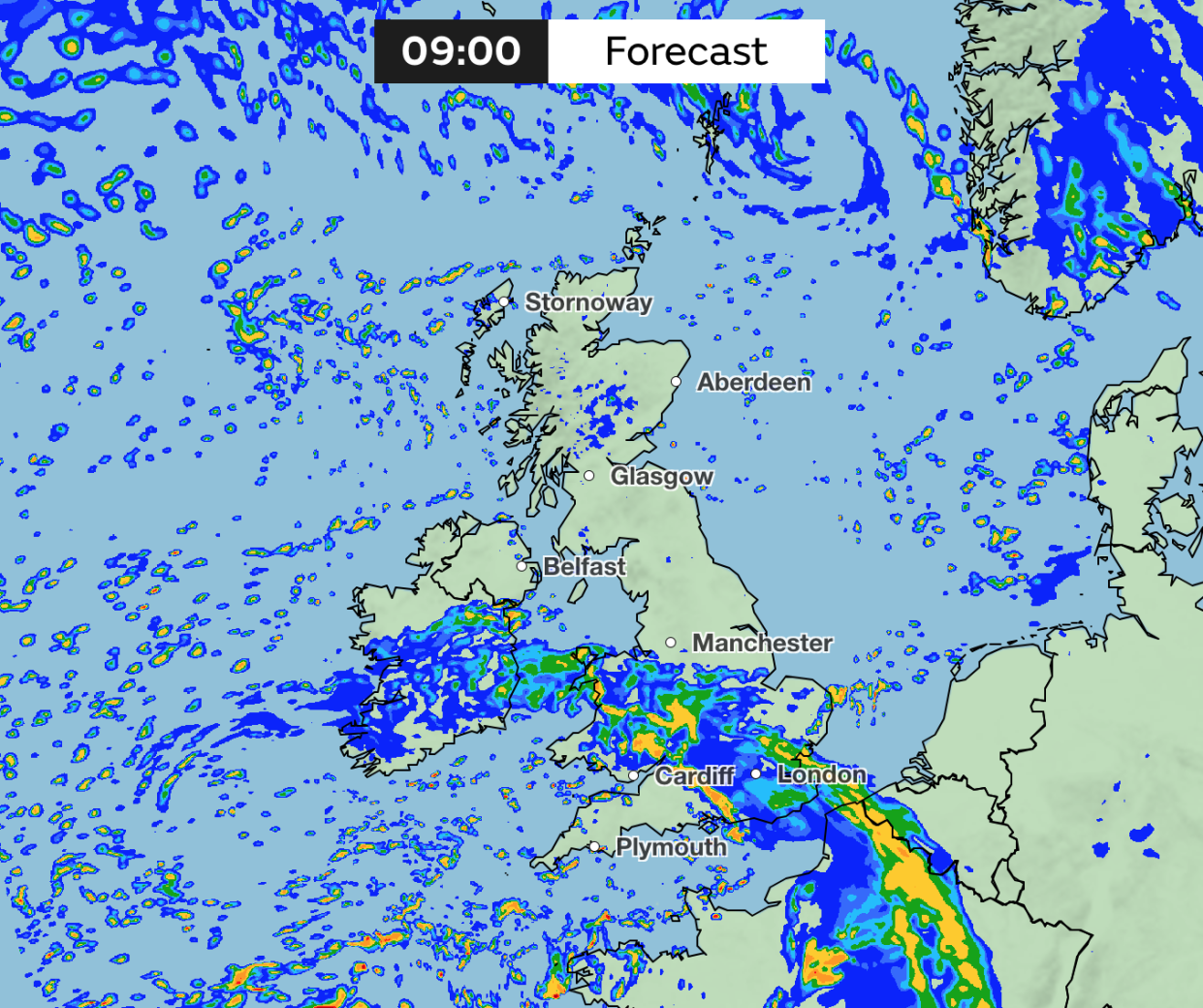 Where rainfall will be at 9am on Saturday. (Met Office)