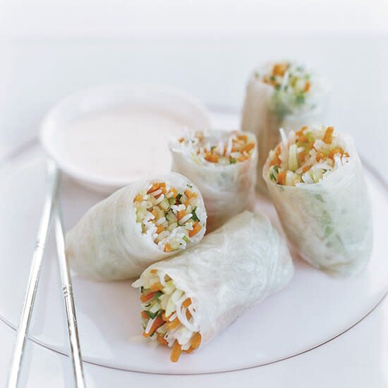 Daikon-Papaya Summer Rolls with Minted Yogurt Sauce