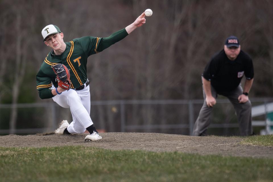 Tantasqua's Miles Blake pitches versus Millbury on Wednesday April 10, 2024 in Sturbridge.