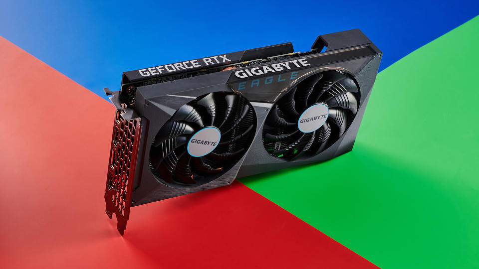 RTX 3050 graphics card on a multi-coloured background