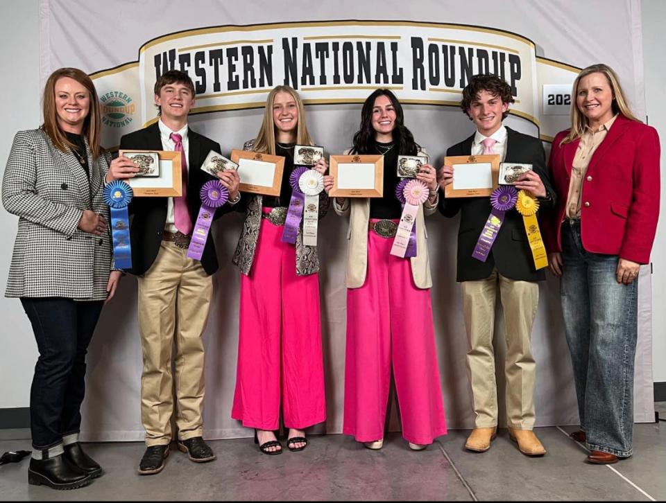 The Randall County 4-H Livestock Quiz Bowl team clenched the national title at the Western National Roundup on Friday, Jan. 5 in Denver, Colo. Pictured from left are Kayla Lanford, Randall County 4-H Youth Development Agent; Cash Miller, High Individual; Sophie Bradshaw, 3rd High Individual; Hope Gleghorn, 5th High Individual; Lathan Lewter, 4th High Individual; and Cara Bradshaw, Randall County 4-H Livestock Quiz Bowl Coach.