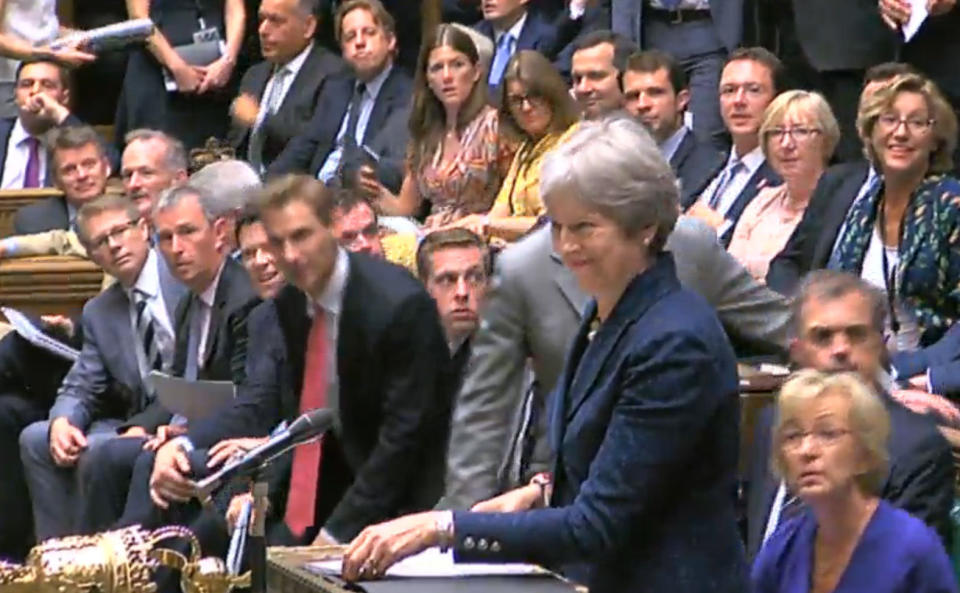 Theresa May in the House of Commons minutes after Boris Johnson’s resignation on Monday.