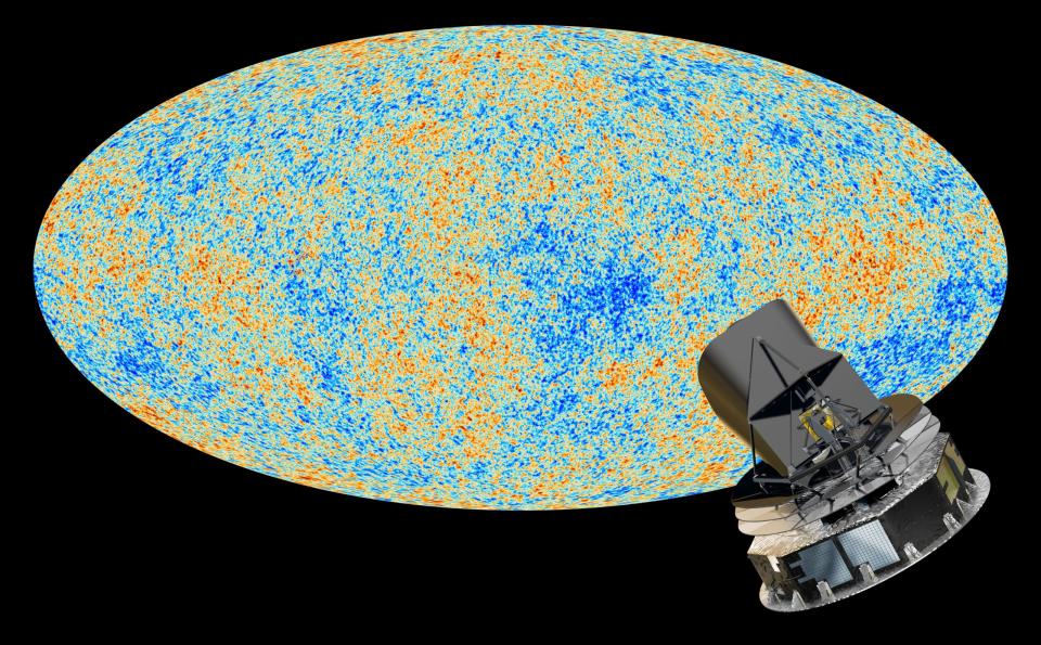 Das Planck-Teleskop und eine Karte des kosmischen Mikrowellenhintergrunds. Wen und seine Kollegen fanden in den CMB-Daten Hinweise auf ihre kosmische Störung. - Copyright: ESA and Planck