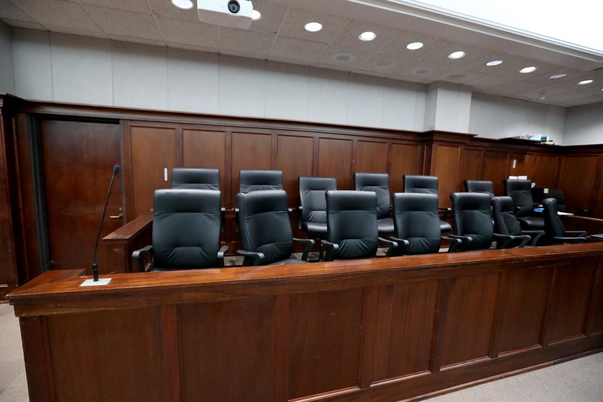 The jury box inside a courtroom for Chatham County Superior Court.
