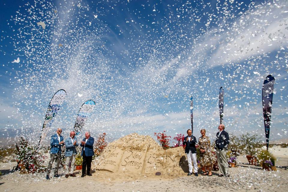 Butterfly-shaped confetti flies around during the April 26, 2022, groundbreaking ceremony for Disney's Cotino community in Rancho Mirage.