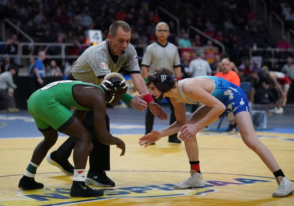 Valley Central's Luke Satriano, right, wrestles in a 110-pound semifinal match at the NYSPHSAA Wrestling Championships at MVP Arena in Albany, on Saturday, February 25, 2023.