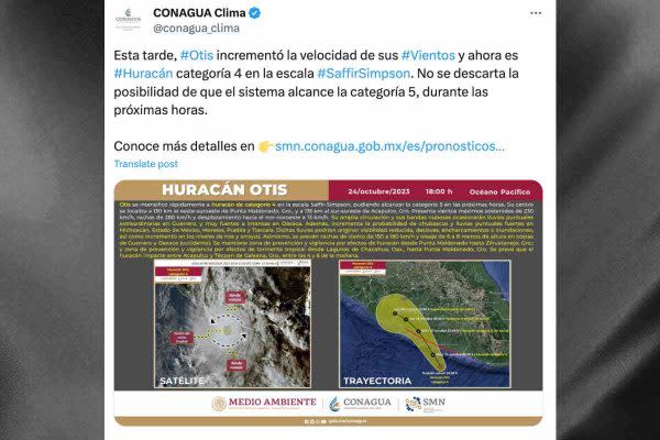 Captura de pantalla con el comunicado de Conagua sobre Huracán Otis