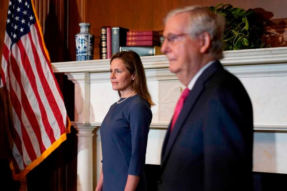 Supreme Court nominee Amy Coney Barrett meets with Senate Majority Leader Mitch McConnell, R-Ky., on Capitol Hill in Washington on Sept. 29. McConnell pushed the confirmation during an election year, something he refused to do in 2016.