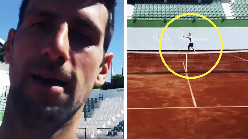 Novak Djokovic (pictured left) and an unknown player (picture right) hitting the ball.