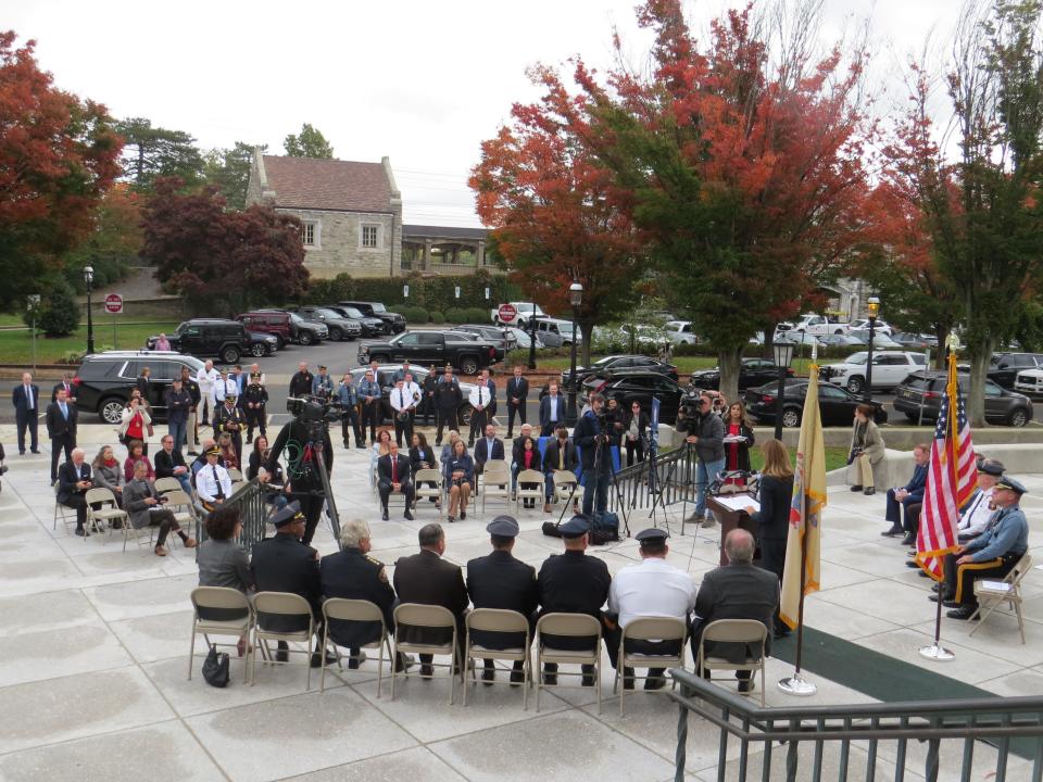 Rep. Mikie Sherrill (D-Montclair) speaks about her introduction of a federal Auto Theft Prevention Act that would help law-enforcement combat the rising wave of vehicle thefts in New Jersey and elsewhere around the nation, Oct. 17, 2022 at the Hartley-Dodge Memorial building in Madison.