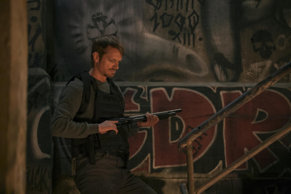While Joel Kinnaman is no stranger to weapons training, he had to act like it for 'Silent Night.'<p>Courtesy of Lionsgate</p>