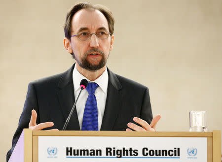 Zeid Ra'ad Al Hussein, U.N. High Commissioner for Human Rights attends the 34th session of the Human Rights Council at the European headquarters of the United Nations in Geneva, Switzerland, February 27, 2017. REUTERS/Denis Balibouse