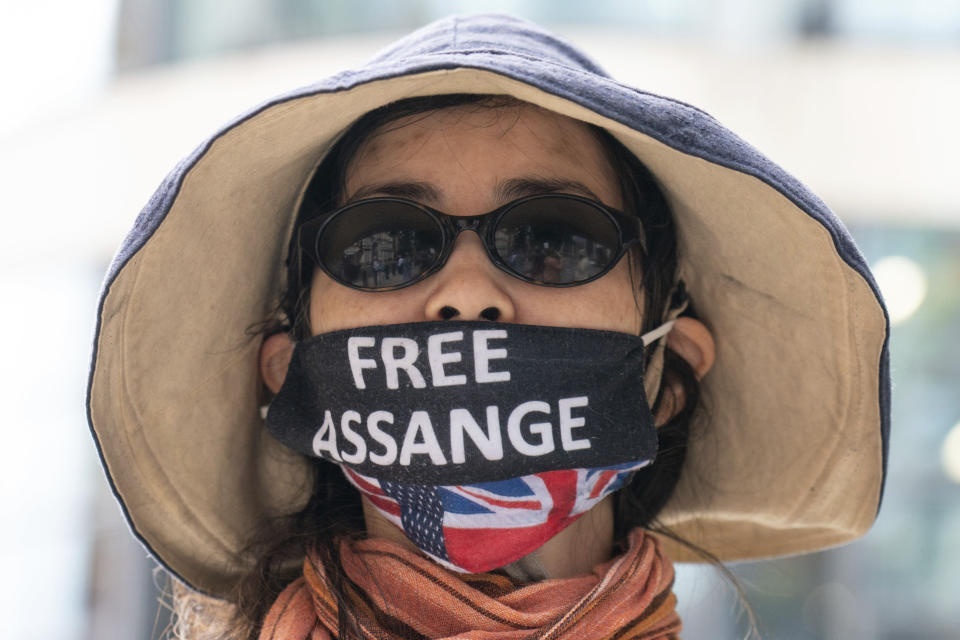 Supporters of Wikileaks founder Julian Assange protest outside the Home Office in London, Friday July 1, 2022, to call for his release from prison and to mark his 51st birthday on Saturday. WikiLeaks founder Julian Assange has appealed against the British’s government decision last month to order his extradition to the U.S. The appeal was filed Friday July 1, 2022 at the High Court. It's the latest twist in a decade-long legal saga sparked by his website’s publication of classified U.S. documents. (Dominic Lipinski/PA via AP)