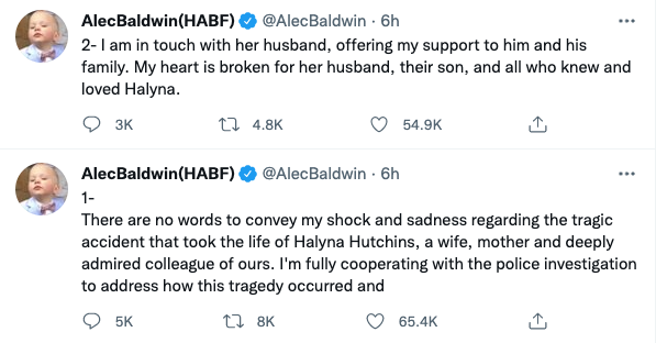 Two tweets by actor Alec Baldwin about the shooting death of Rust director of photography Halyna Hutchins. Photo: Twitter/alecbaldwin.