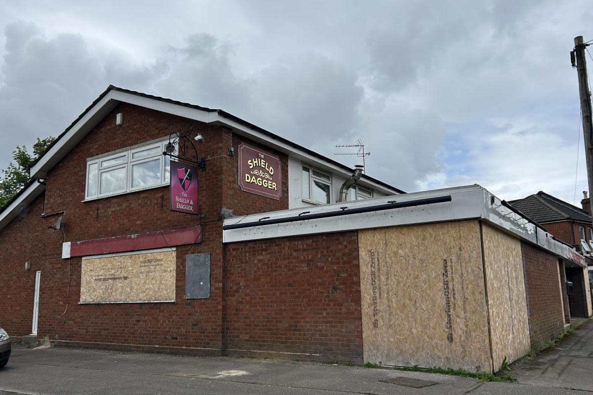 The boarded up Shield And Dagger pub in Stratton Road, Shirley