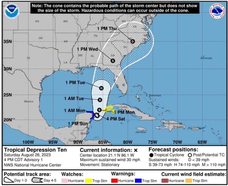 Tropical Depression 10 is forecast to become a Category 1 hurricane in the Gulf of Mexico before reaching the west coast of Florida Tuesday into Wednesday.