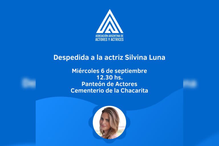 Desde Asociación Argentina de Actores anunciaron cuándo será la despedida de Silvina Luna  (Foto Twitter @actoresprensa)