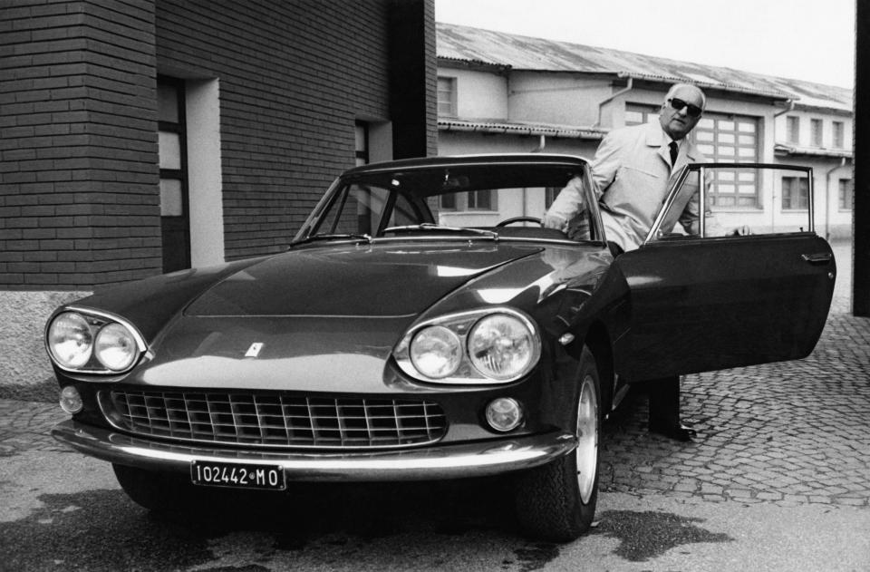 Italian entrepreneur and racing driver Enzo Ferrari getting out of a Ferrari car in 1966 (Photo by Mondadori via Getty Images)