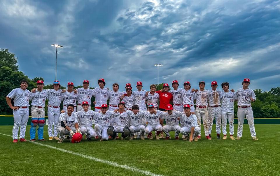 Charlotte Catholic Baseball team poses after their huge win in the NCHSAA 4A quarterfinals at the NCHSAA 4A state quarterfinal playoff game at Jack Hughes Park in Pineville