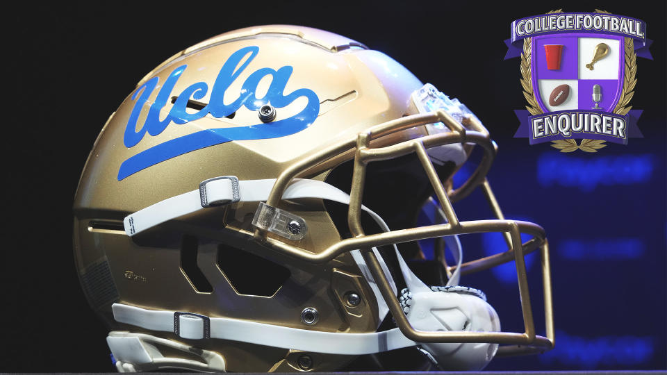 The UCLA Bruins football helmet sits on display at Pac-12 Media Days in Los Angeles last week. (Photo Credit: Kirby Lee-USA TODAY Sports)