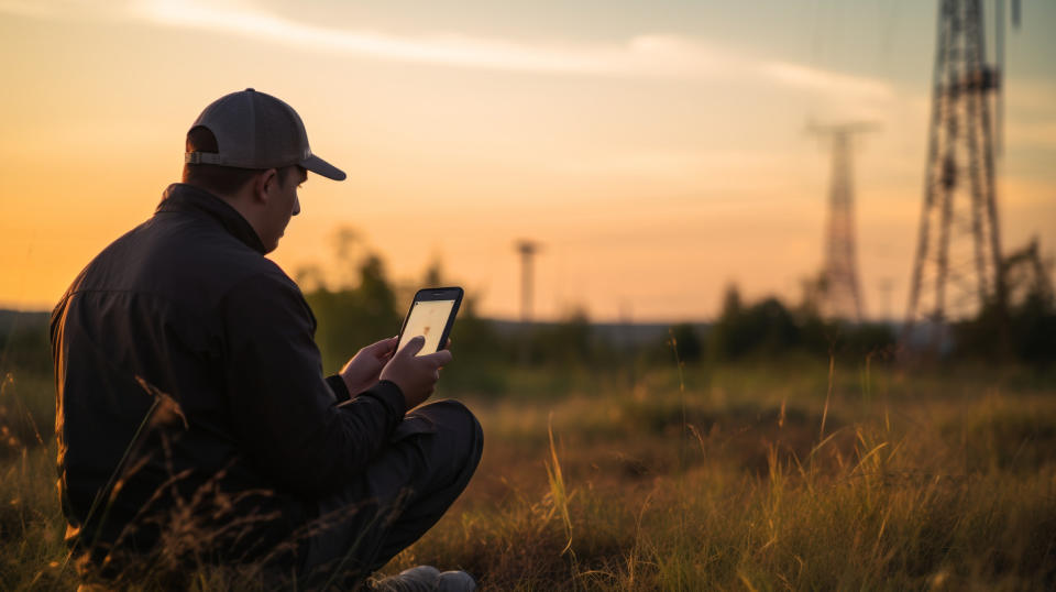 A person in the field using their smartphone to connect to wireless communication services.