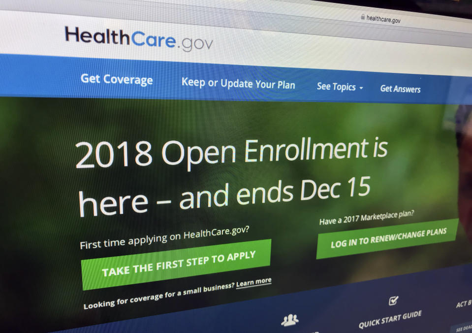 The HealthCare.gov website is photographed in Washington on Dec. 15, 2017. Millions of people covered under the Affordable Care Act will see only modest premium increases next year, and some will actually get a price cut. That’s from an exclusive analysis bound to surprise ‘Obamacare’ opponents and supporters. The study of state data by Avalere Health and The Associated Press also found that insurers aren’t bailing out of the ACA marketplaces anymore; some are coming back. The average premium increase across 47 states and Washington, D.C. will be 3.6 percent in 2019. (AP Photo/Jon Elswick)
